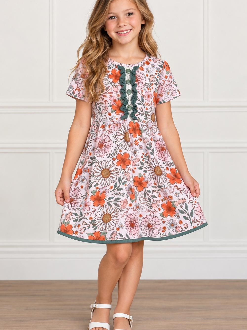 Marie Nicole Girls L Floral Dress Pink Orange Sage Ruffle Button Front
